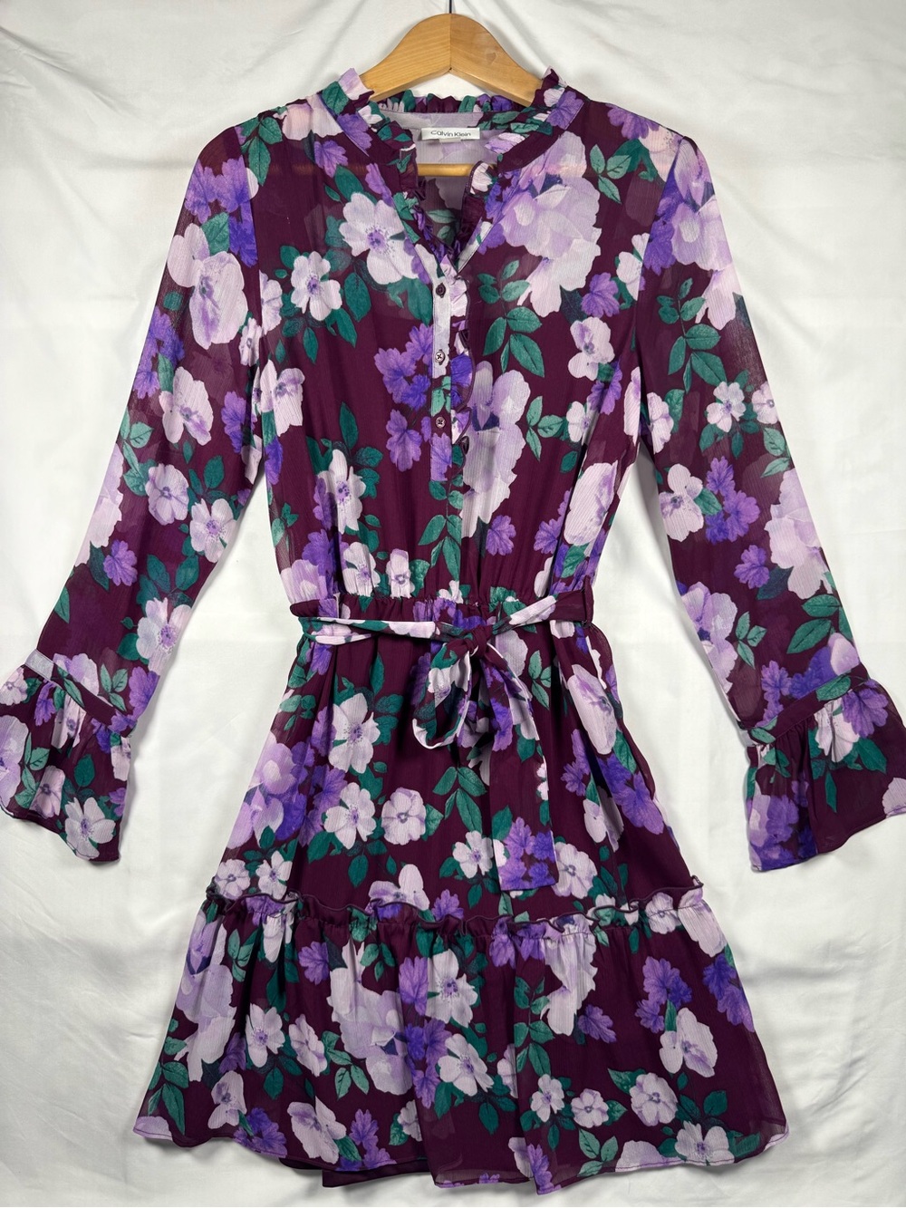 Calvin Klein Plum Floral Long-Sleeve Tie-Waist Layered Dress Party Perfect SZ 4